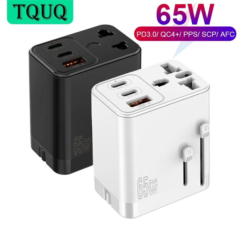 

TQUQ 3port 65W GaN Super Fast USB C Power Adapter, Global Universal US EU AU UK Plug Travel Charger Head with AC Socket