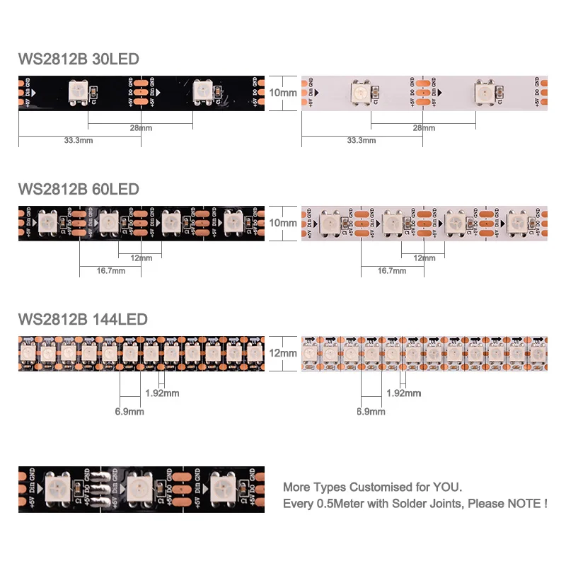 2m 5m ws2812b conduziu luzes ws2812 rgb conduziu a luz de tira individualmente endereçável conduzida tira de luz preto branco pwb ip30 ip65 ip67 dc5v