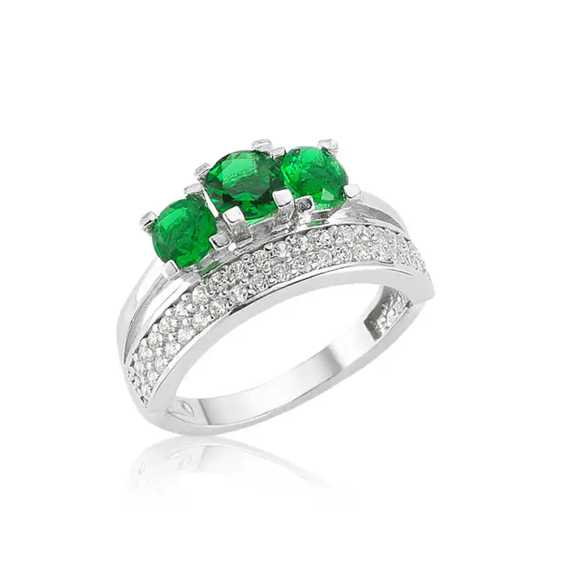 Silver Green Three Stone Tria Women's Ring Zircon Stone 925 Sterling Jewelry Wedding Party Birthday Gift - Box - Ladies - Fashion - Botiva - Size - Turkish - Patterned Embroidered