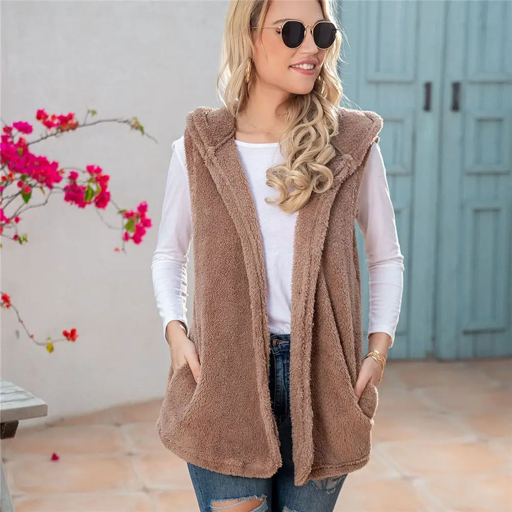 Women Oversized Teddy Fleece Sweater Hooded Plus Size 5XL Sherpa Vest Winter Warm Sleeveless Waistcoat