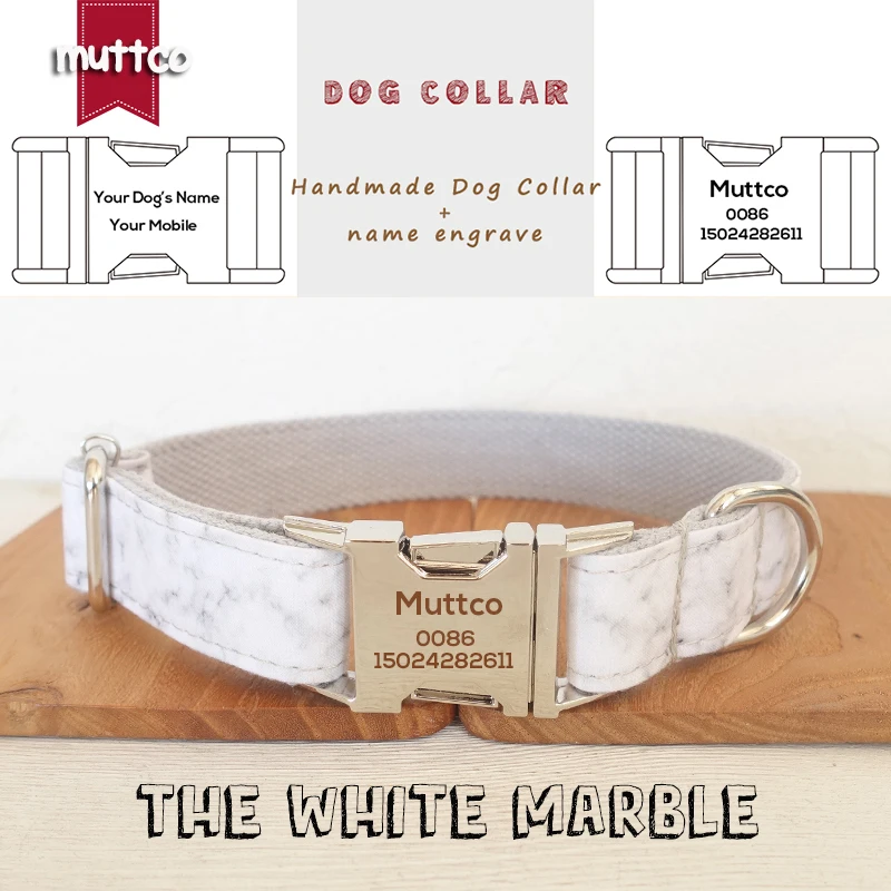 

MUTTCO Engraved dog collar walking training dog leash custom puppy name THE WHITE MARBLE security training UDC085