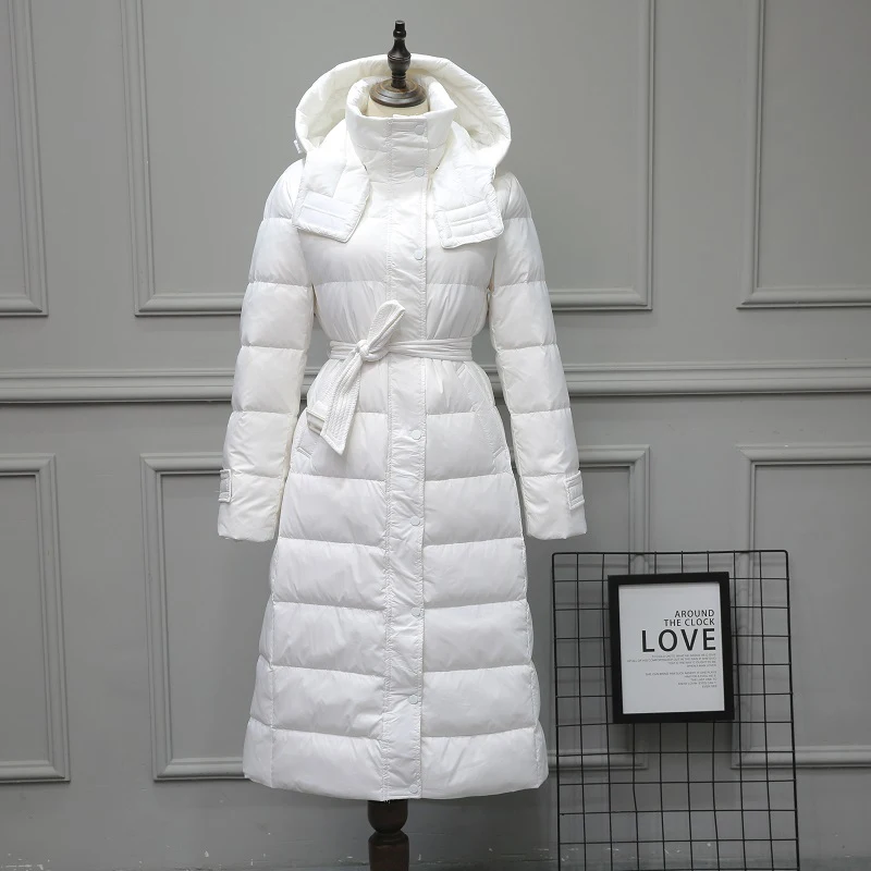 90% White Duck Down Jacket Women Long NICE Over Knee Winter Warm Lightweight Parka Hooded Windproof Female Coat