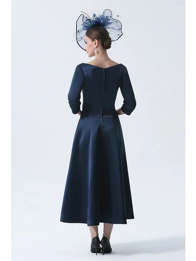 Navy Blue A-Line Mother of the Bride Dress Plus Size Elegant Vintage V Neck Tea Length Satin Party Gown Robe De Soiree