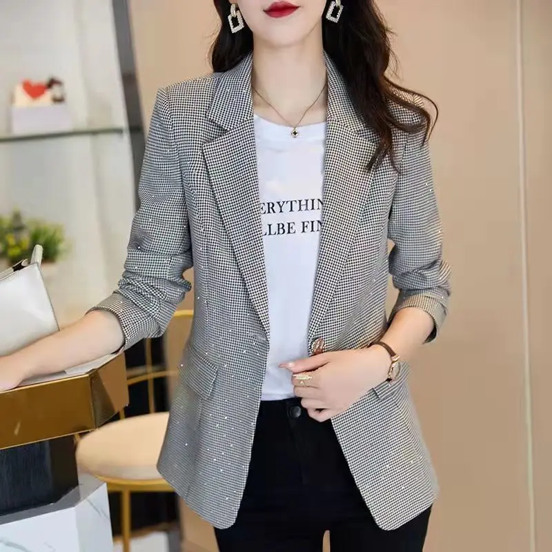 Blazer da donna a quadri autunnali bottone singolo Business Vintage elegante cappotto pied de poule capispalla da donna da ufficio Blazer Casual top