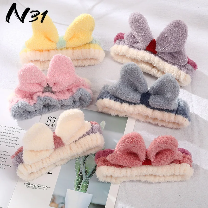 

Women Plush Hair Bands Bow Animal Ears Decoration Face Washing Make Up Hair Accessories Girl Cartoon Ear Headdress Coral Fleece