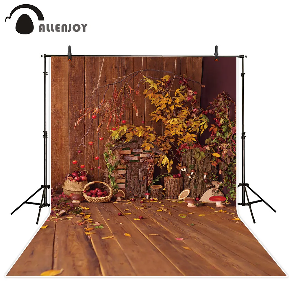 

Allenjoy Autumn Backdrop Wooden Floors Leaves Tree Stump Halloween Photography Background Christmas View Photozone Decoration