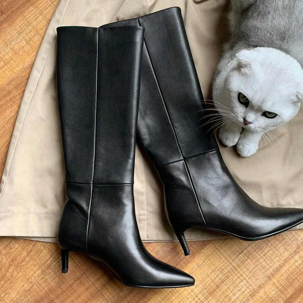 LAIGZEM Women Knee High Boots Real Leather 5.5CM Kitten Heels Boots Quality Pull On Ladies Girls Shoes Woman Size 33 38 39 40