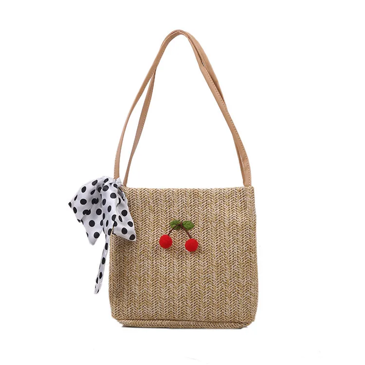 Bolso de paja con bufanda de seda para mujer, bolsa de hombro portátil, de cerezas japonesas, a la moda