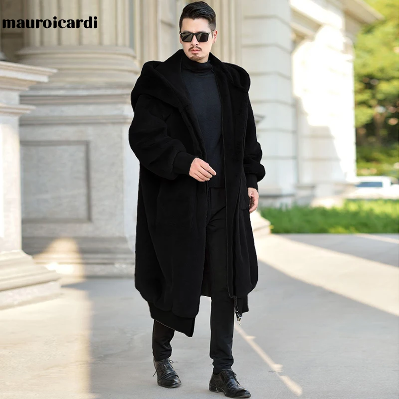 Mauroicardi Winter Black Oversized Long Warm Fluffy Faux Fur Coat Women with Hood Long Sleeve Zipper Loose Korean Fashion 2021