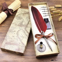 Calligraphy Feather Pen Dip Fountain Pen Quill Set Retro Gift Box inclue Ink 5 Replacement Nibs Metal Carving Pen Holder