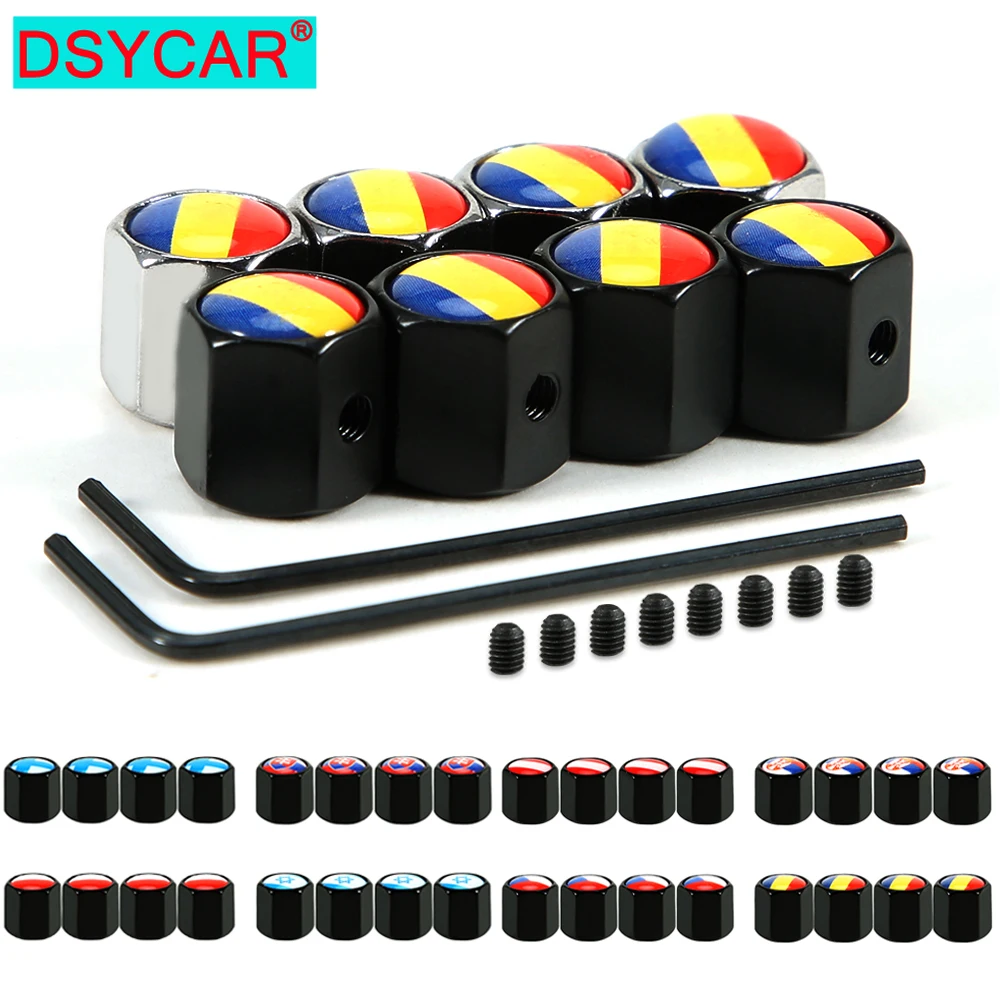 

DSYCAR 5Pcs/Set Fashion Tire Valve Dust Caps for Cars, Alloy Material Anti-theft National Flag Pattern, Black/Silver