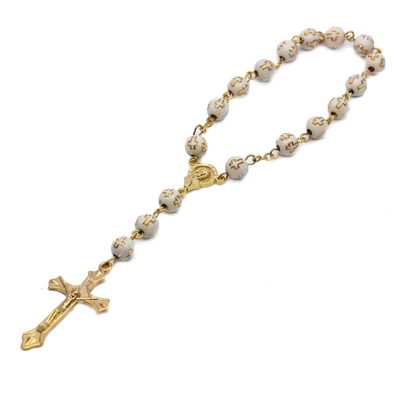 QIGO Car Rosary Beaded Bracelets Beige Plastic Cross Pedant Religious Jewelry For Men Women