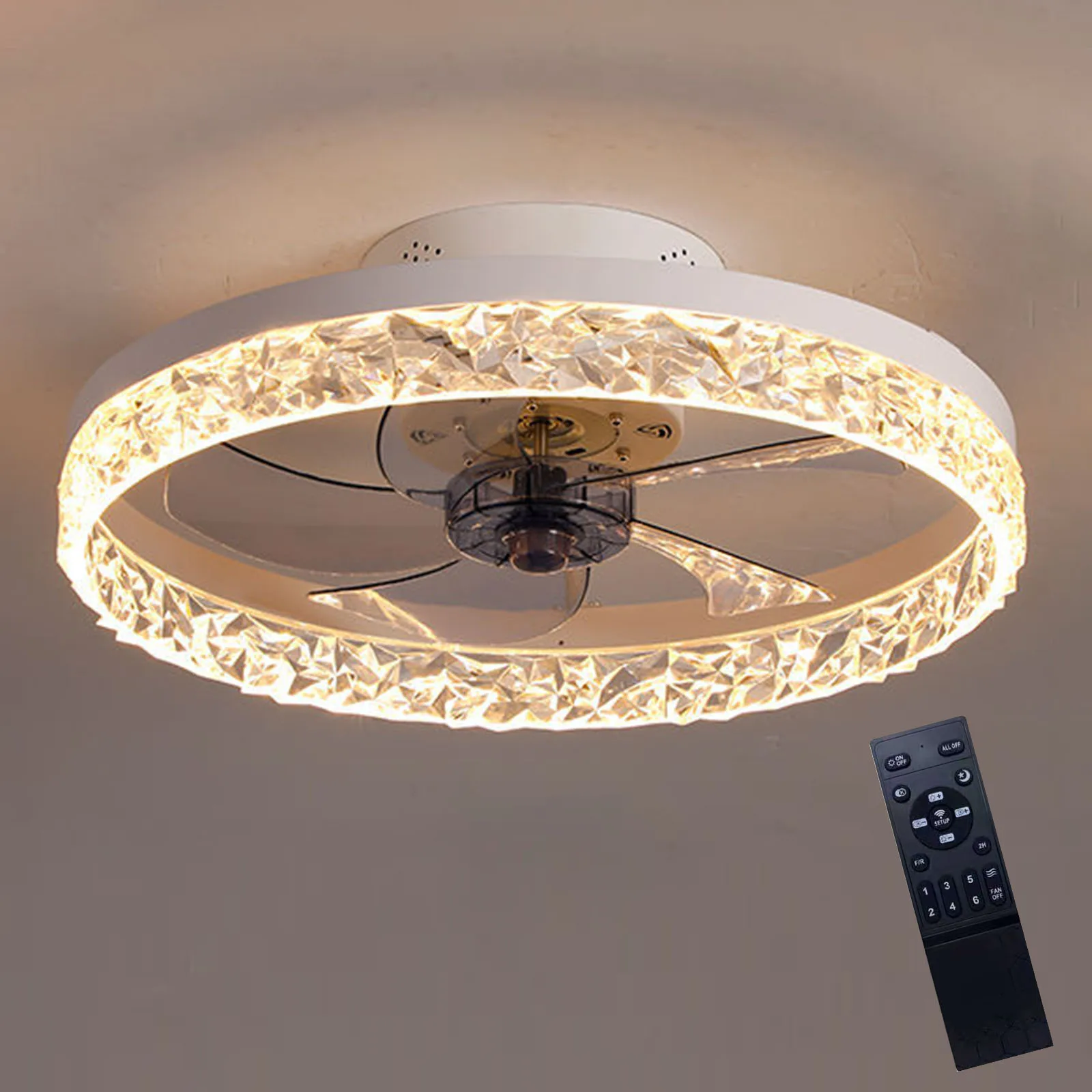 Ceiling fans with led light remote control modern round crystal dining room living room 3 color changeable ceiling fans