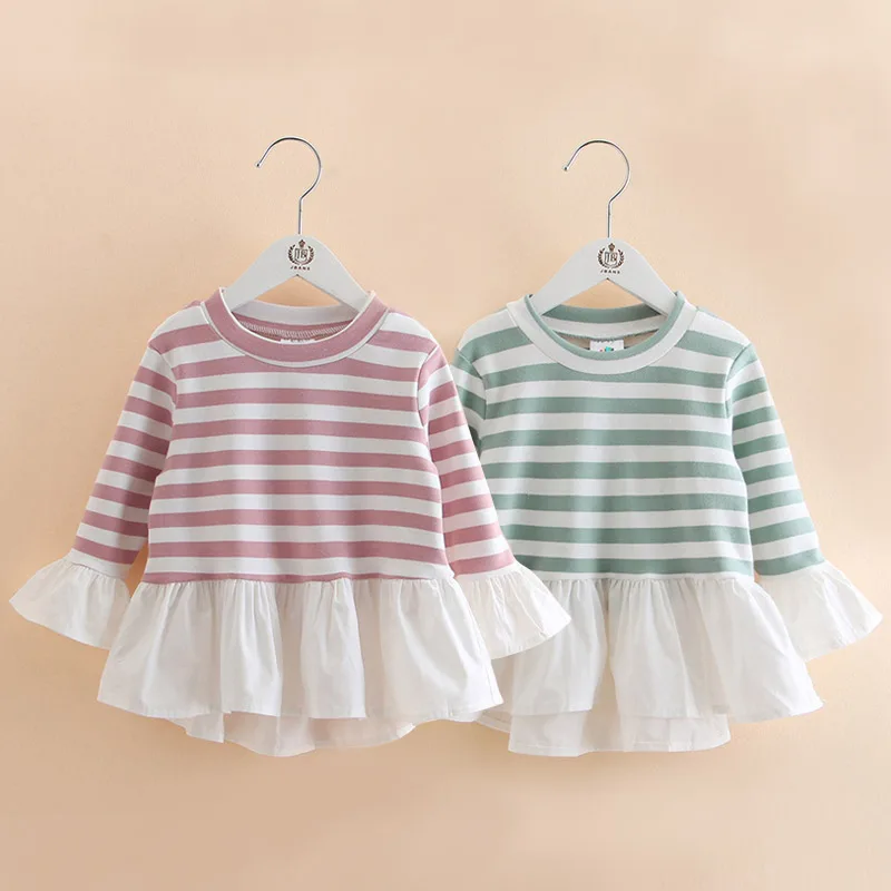 2024 Spring Autumn Fashion 2-6 Years Kids Children Tees Tops Cotton O-Neck Striped Patchwork Long Sleeve T-Shirts For Baby Girls