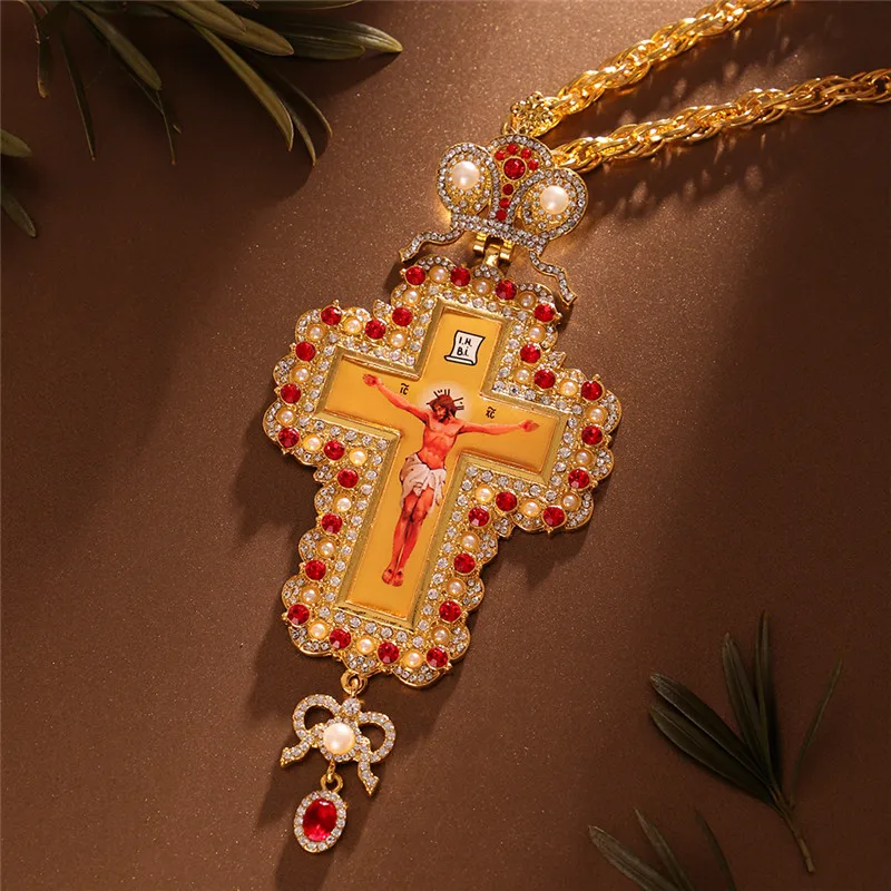 Colgante de cruz Pectoral para hombre, colgante de crucifijo de Jesús ortodoxo, cadena de diamantes de imitación chapados en oro, collar de joyería religiosa