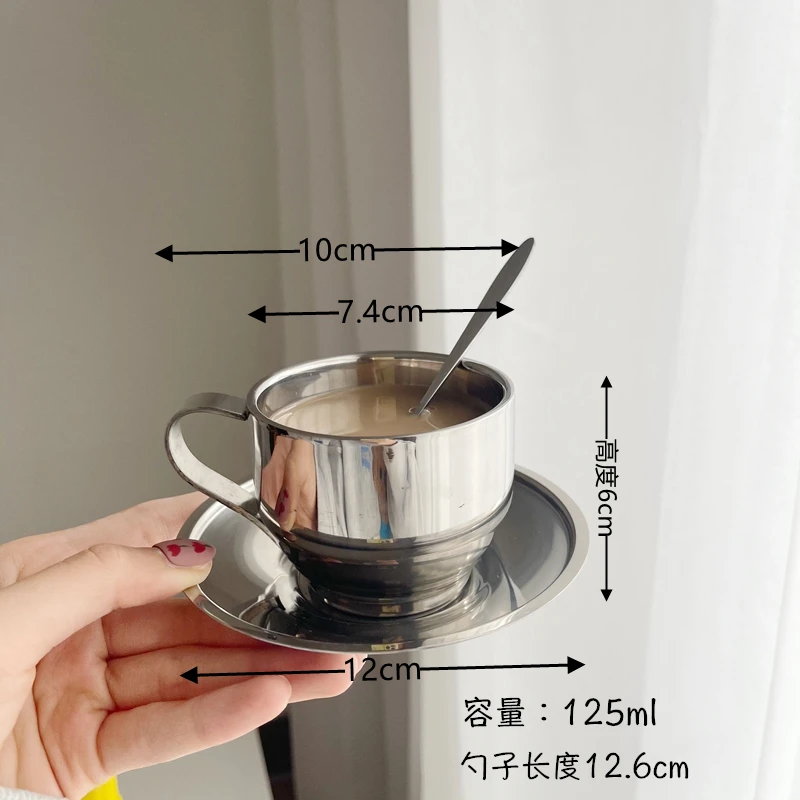 304stainless Steel Coffee Cup Saucer And Spoon Set Korean Ins Insulated Afternoon Tea Travel Water Mug Office Kitchen Drinking