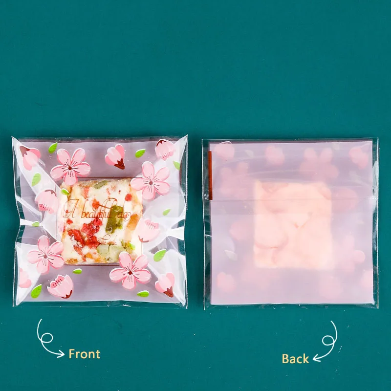 100pcs/lot Pink Frosted Petals falling Transparent Baking cookies Cherry Blossoms In Full Bloom Plastic Self Stick Packaging Bag