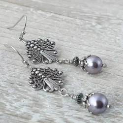 Fashon Women Jewelry Imitation Pearl Anqutie Silver Color Dangle Long Earrings Bridal Wedding Engagement Set Gifts