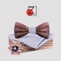 Pajarita de madera de nuevo diseño para boda, gemelos cuadrados de bolsillo a cuadros sólidos, conjunto de broche de pajarita, traje de hombre, corbatas de cadeau para hombre