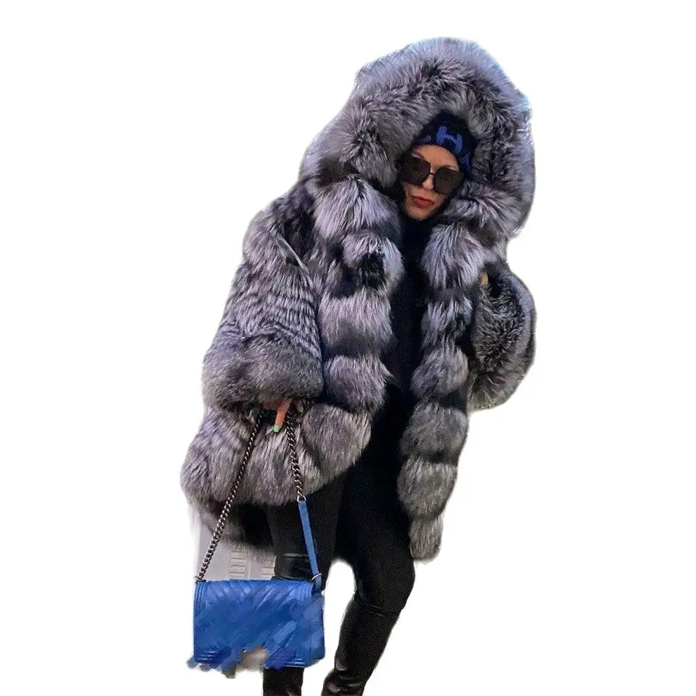 Winter Fashion Real Silver Fox Fur Coat with Hood Thick Warm Fur Overcoat Luxury Whole Skin Genuine Silver Fox Fur Jacket Woman