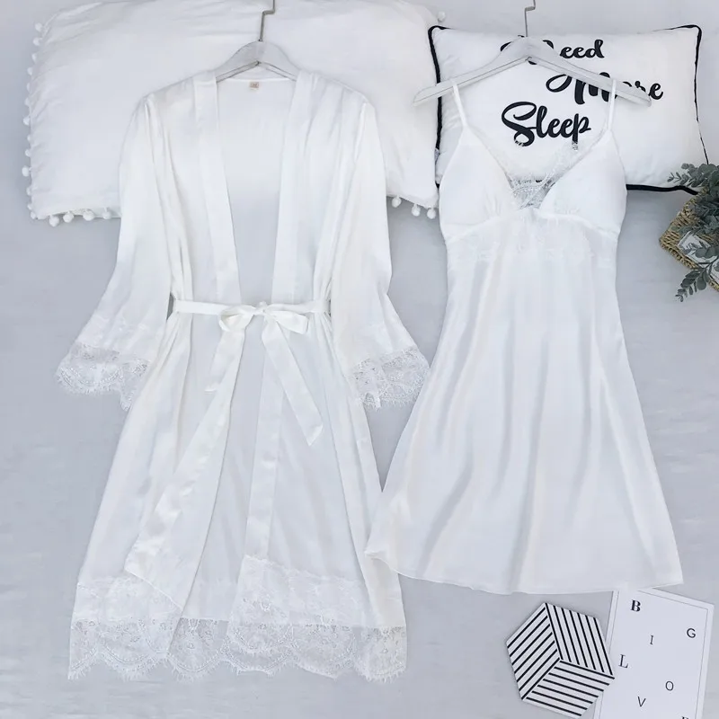 Women Nighty&Robe SET Kimono Gown Bride Bridesmaid Wedding Robe Sleepwear Suit Satin SEXY Lace Nightwear Casual Loose Nightgown