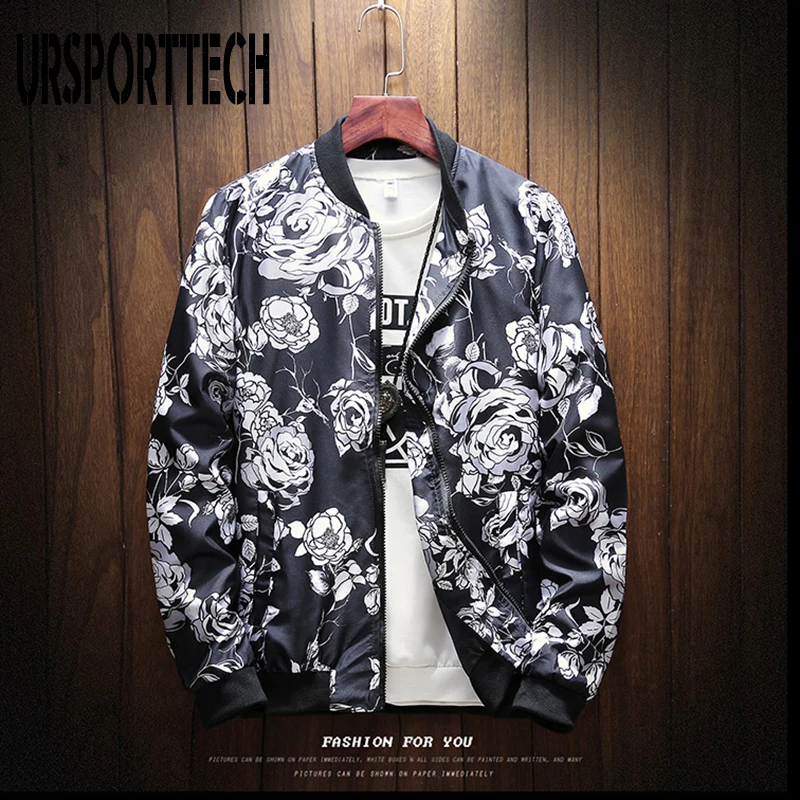 URSPORTTECH-Jaqueta Masculina com Estampa Flor, Masculino Japonês Streetwear, Casacos Magros, Outwear, Primavera, Outono, Novo, Designer, M-5XL