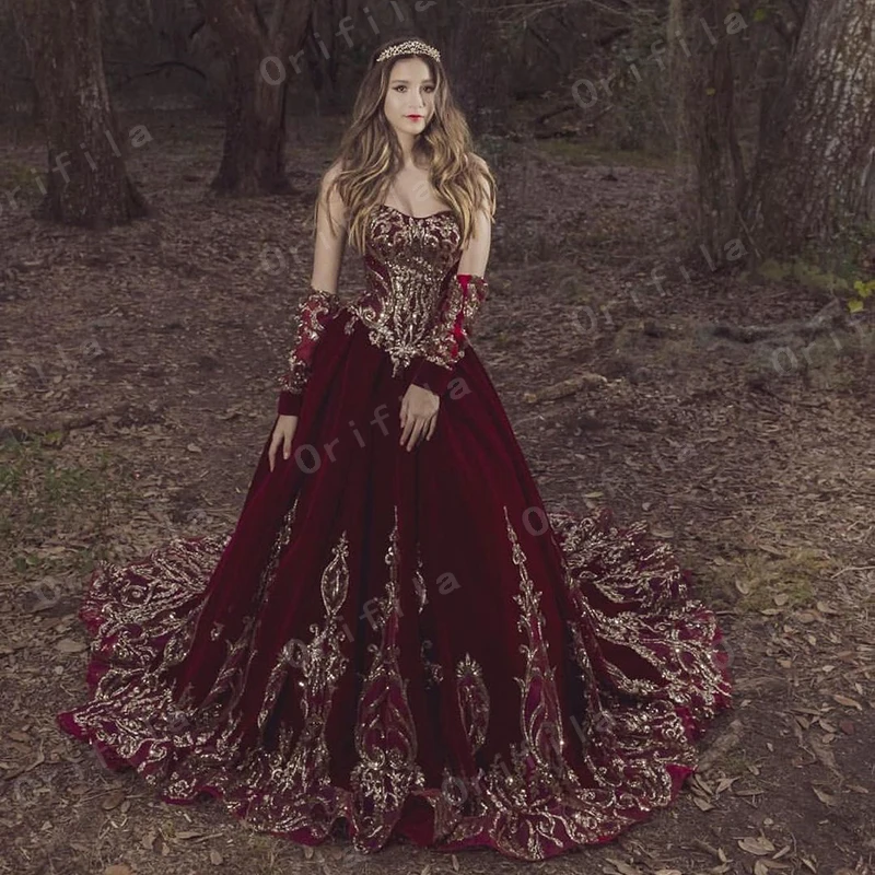 Vestido de quinceañera de princesa de terciopelo burdeos, Vestido de baile, lentejuelas, Apliques de encaje, estilo mexicana, 15 vestidos de graduación