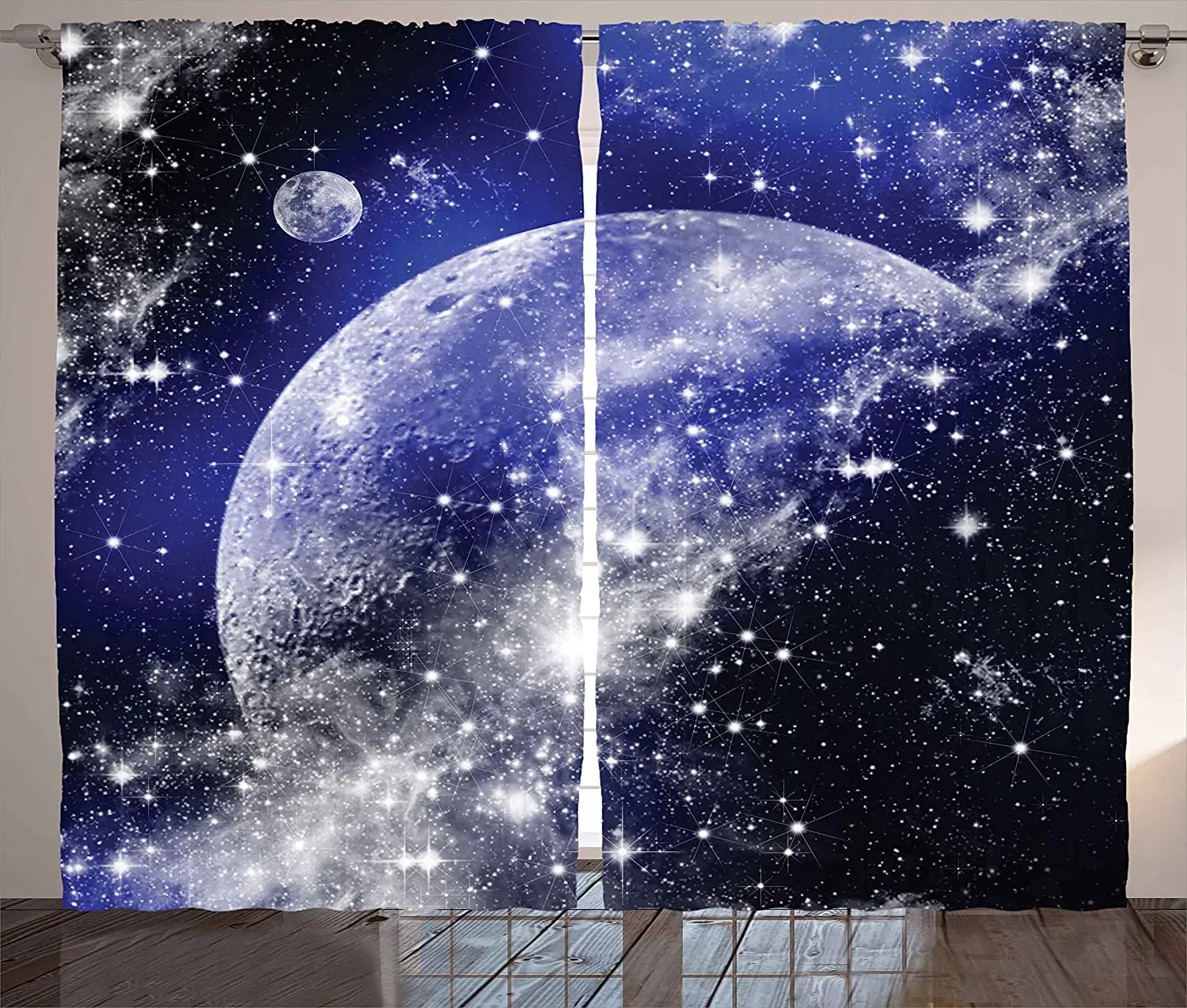 Navy Blue Kids Room Window Curtains Galaxy Nebula Full Moon Phase Starry Night Sky Infinitys Living Room Bedroom Window Drapes