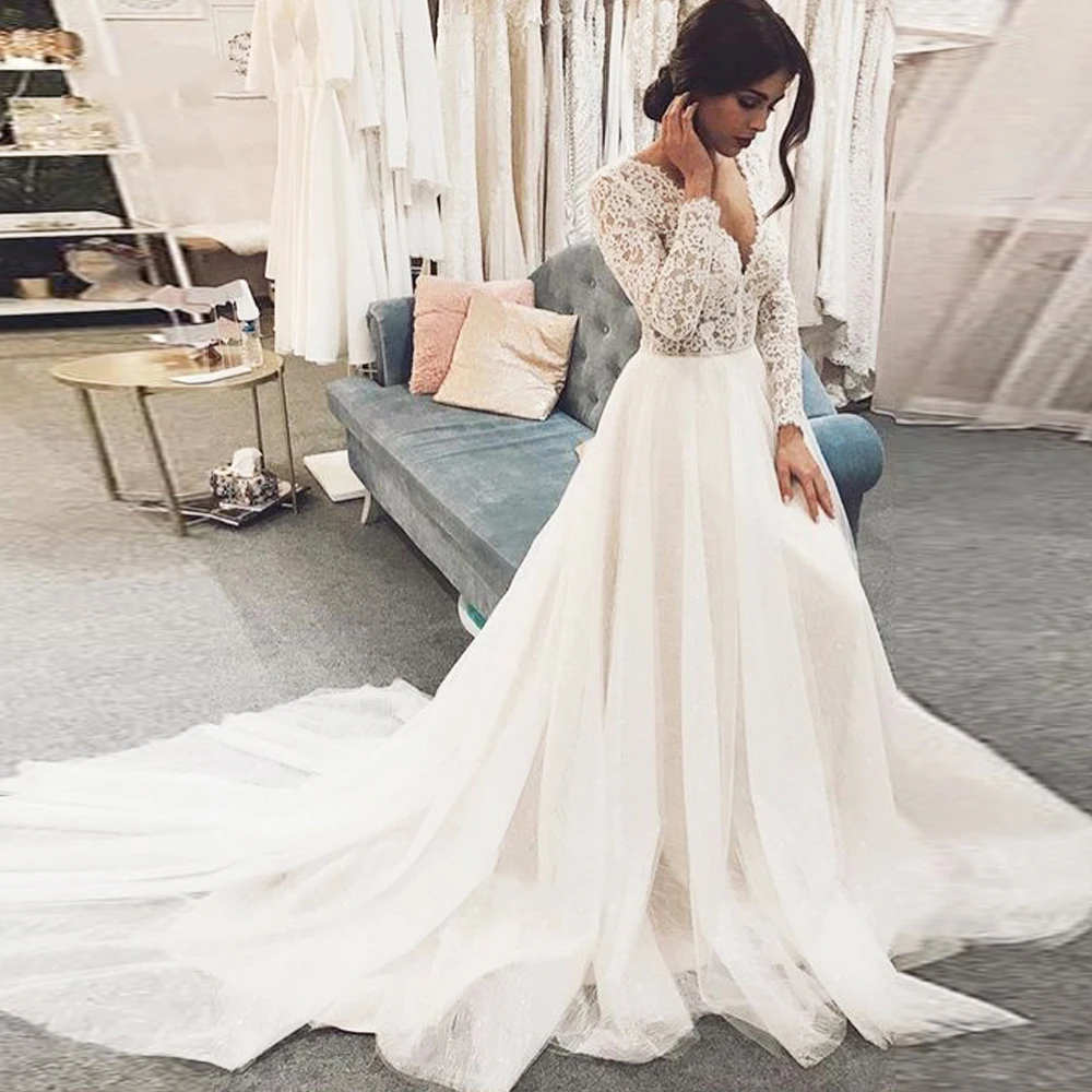 Abito da ballo a otto alberi scollo a V maniche lunghe abiti da sposa in pizzo abiti da sposa principessa vestido de noiva 2020 Appliques abito da sposa