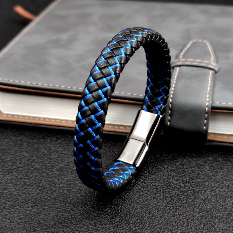 New Free Custom Name Blue/red leather Simple Charm Business Men Stainless Steel Leather Braided Bracelet Bagnet Lock Bangle