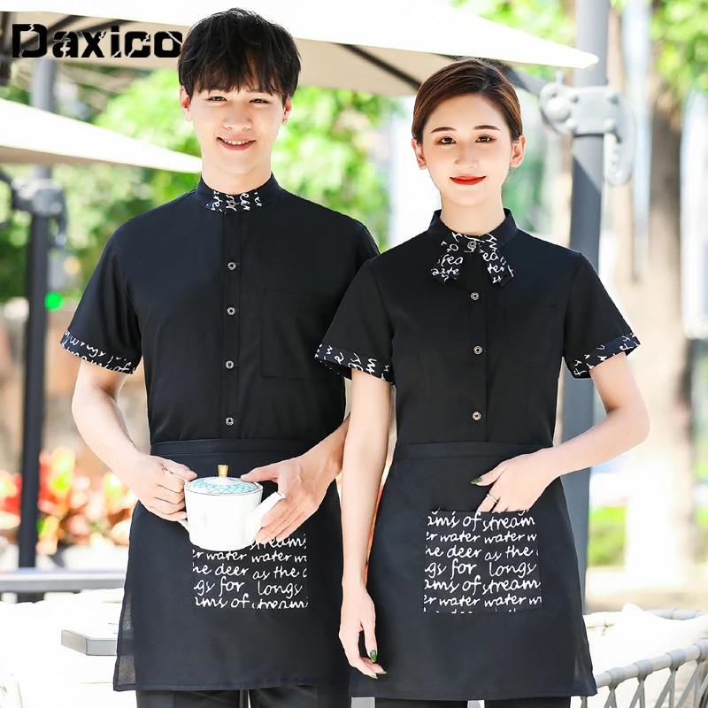 

Short Sleeve Restaurant Waiter Uniform Woman Coffe Shop Waitress Uniform Cafe Shirt + Apron Work Overalls Fast Food Staff Outfit