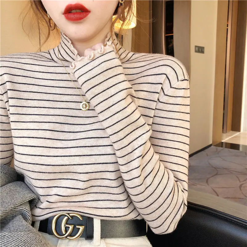 

Woman Tshirts Cotton Striped Turtleneck Long Sleeve T-shirt Female Autumn Winter Coat Tops Mujer Camisetas