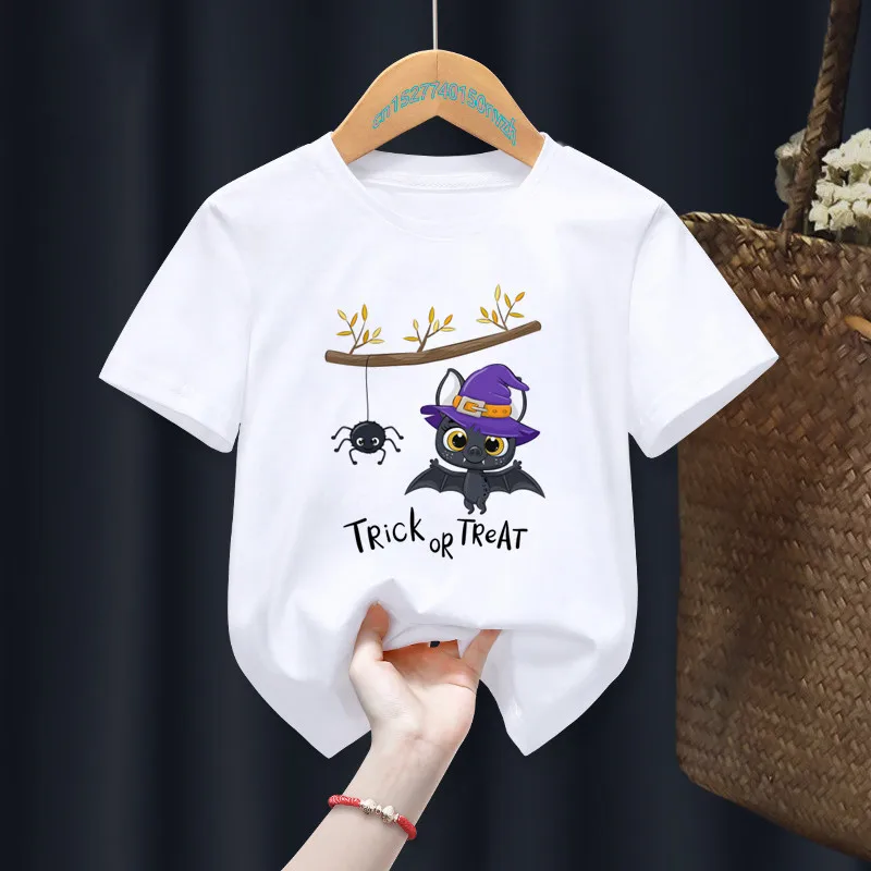 Cadılar bayramı yarasa karikatür baskı beyaz t-shirt çocuk Kawaii bebek sevimli üstleri Tee bebek kız erkek hediye elbise, damla gemi