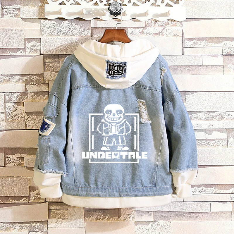 Anime Undertale Sans Skull Fake 2 Pieces Jacket Cosplay Casual Denim Jacket Autumn Hooded Sweatshirt Unisex Outwear Coat