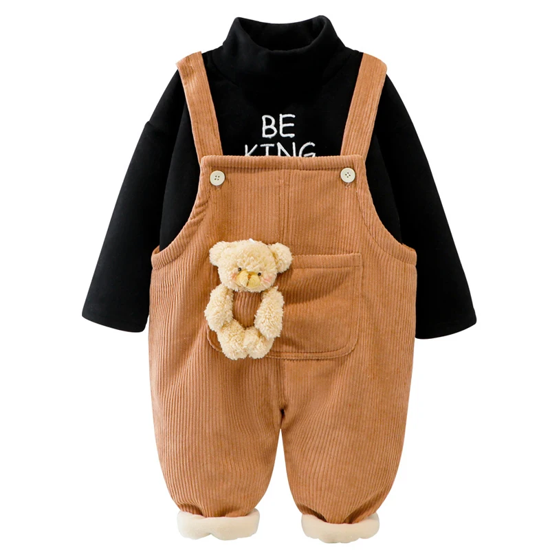 

Winter Baby Clothing Set Boys Girls Plush Thicken 2021 New Cartoon Bear Long Sleeve Pullover+ Overalls Child Suits Kids Clothes