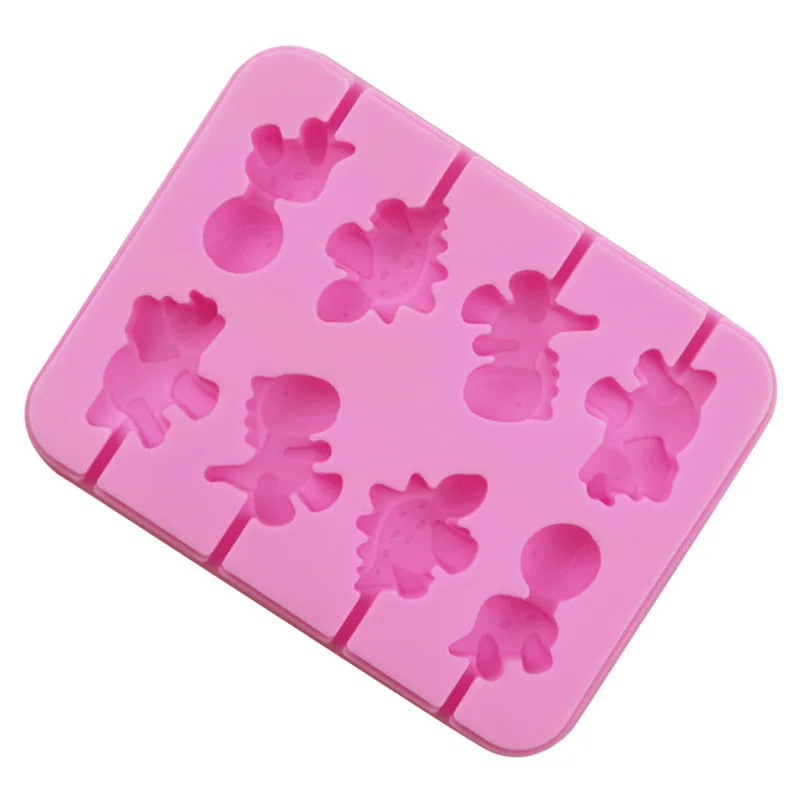 Dinosaur Shapes Silicone Lollipop Molds 8 Holes Cartoon DIY Chocolate Candy Fondant Cake Decorating Moulds Baking Utensils