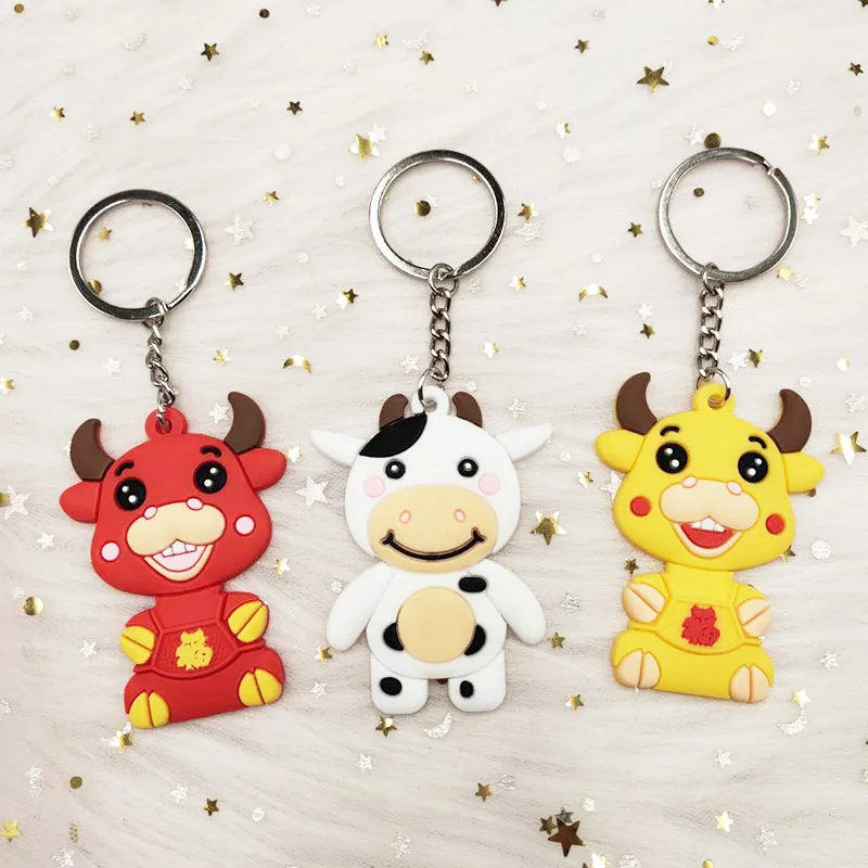 Cartoon Cow Keychain Silicone Key Ring Bag Pendant Accessories 2021 Year Of The Ox New Year Gift Key Holder