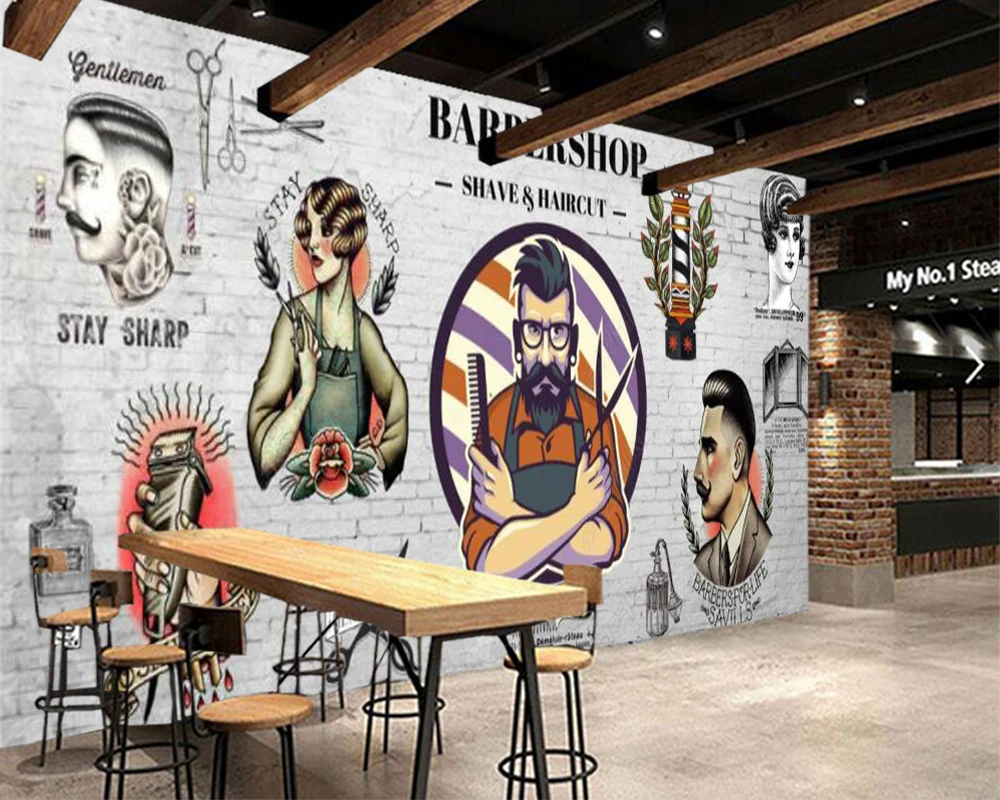 

Papel de parede Custom Wall Paper 3D European Retro Barber Shop Hair Salon Background Mural Wallpaper 3D Industrial Decor Murals