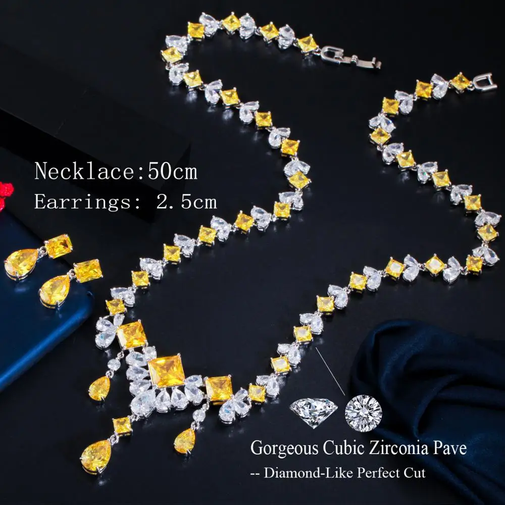 CWWZircons Gorgeous Dubai Yellow Cubic Zirconia Stone Big Dangle Water Drop Wedding Bridal Costume Necklace Jewelry Sets T472