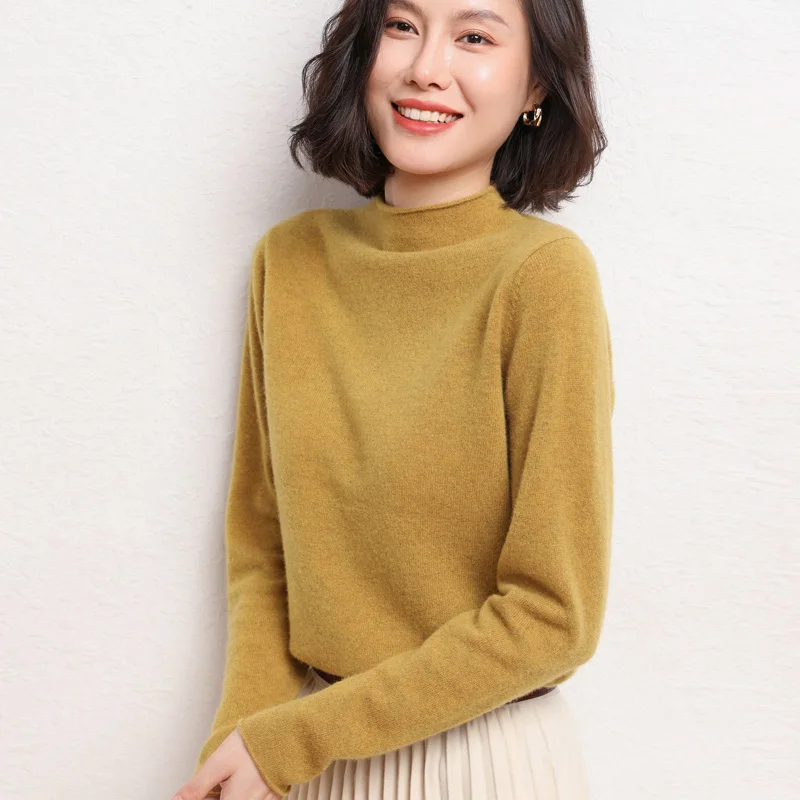 2021 Autumn and Winter Cashmere sweater Woman Half High neck Pullover 100% Pure Wool Knitted Tops Large Size Female Jacket Korea