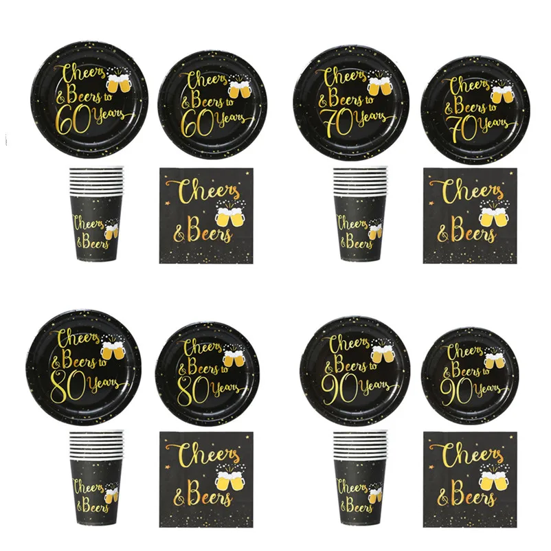 

Cheers Beers Theme 30 50 60 Years Old Black Gold Cup Plate Napkin Flag Tablecloth Birthday Party Cutlery Set Supplies