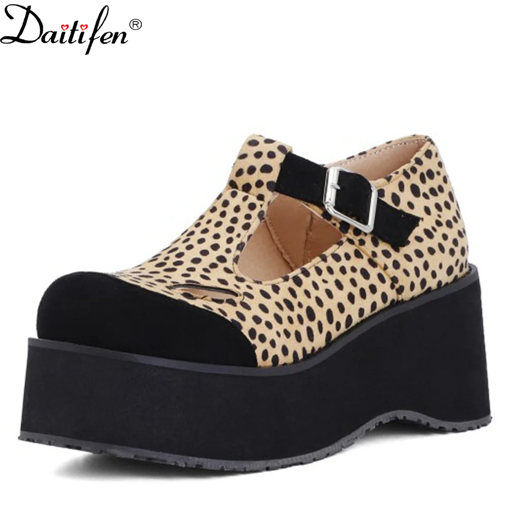 

Daitifen Leopard Printing Mary Jane Shoes Women Thick-Soled Doll Shoes Retro Single Wedges Platform Mixed Colors Lady Pumps