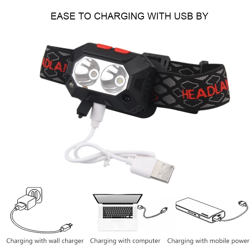 Lampe frontale étanche à LED rouge et blanc avec capteur de mouvement et casque rigide, lumière forte et brillante, Rechargeable par USB