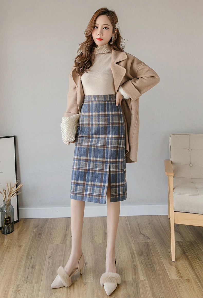 

2020 Midi For Women Spring Autumn Winter Wear Elegant Female Skirts Fashion Korean Style Plaid Woolen Skirt High Waist