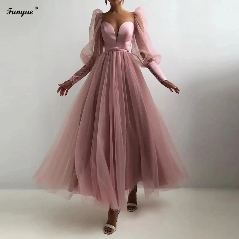 

Dusty Pink Tea Length Prom Graduation Dresses Robe De Bal Sweetheart Puff Long Sleeves A-Line Tulle Wedding Party Evening Gowns