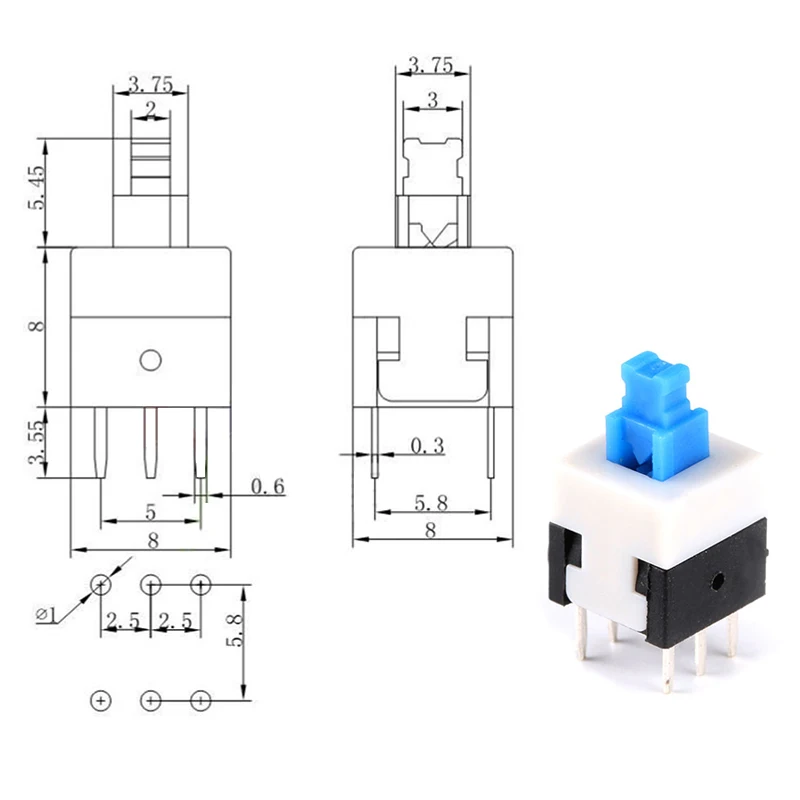 20Pcs Push Button Switch 8X8mm Blue Cap DPDT Self-locking Type Square Button Switch 8*8 6Pin Multimeter