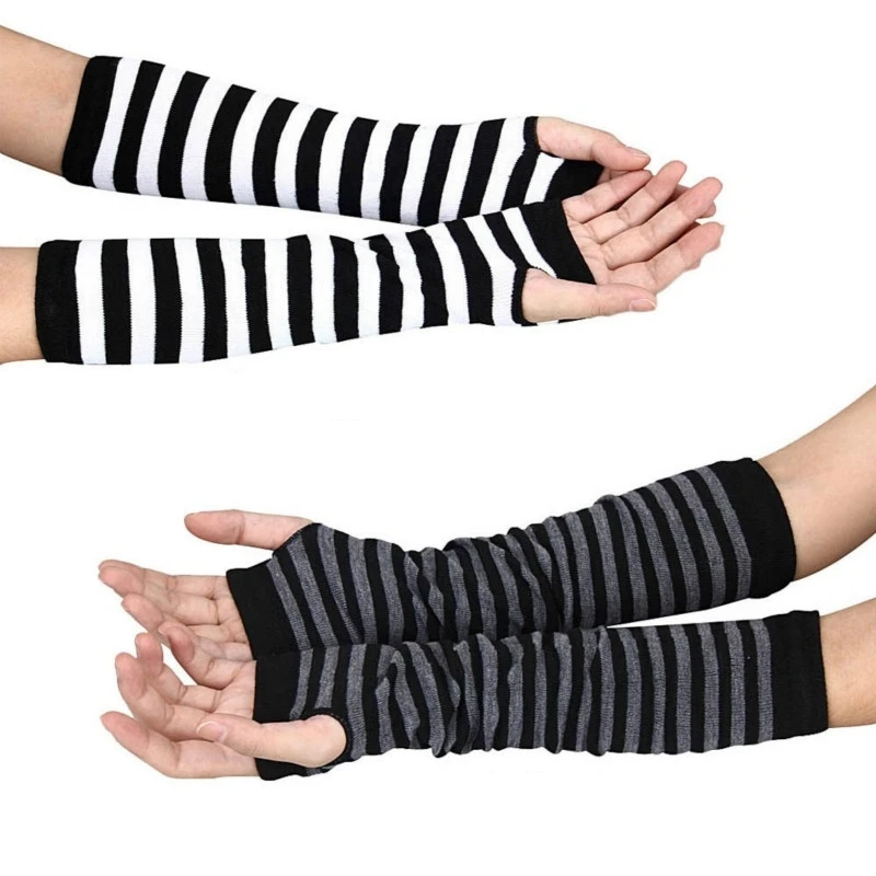 Autumn Winter Women Girl Anime Black White Striped Elbow Gloves Warmer Knitted Long Fingerless Arm Gloves Mittens Christmas Gift