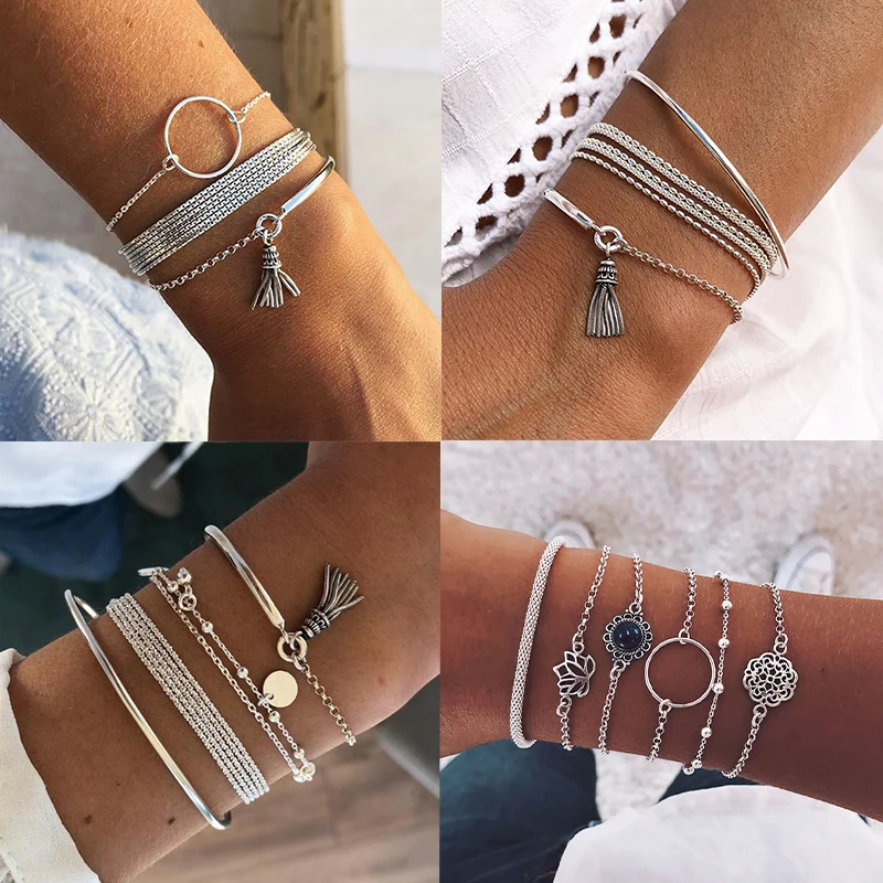 Boho Tassel Bracelet Set for Women Silver Color Multilayer Pendant Bracelet Charm Braclets 2020 Fashion Jewelry Accessories Gift