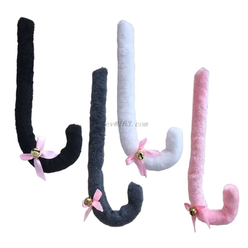 Adult Kids Cosplay Anime Lolita Costume Fluffy Plush Long Cat Tail with Ribbon Bowknot Bell Masquerade Party Props