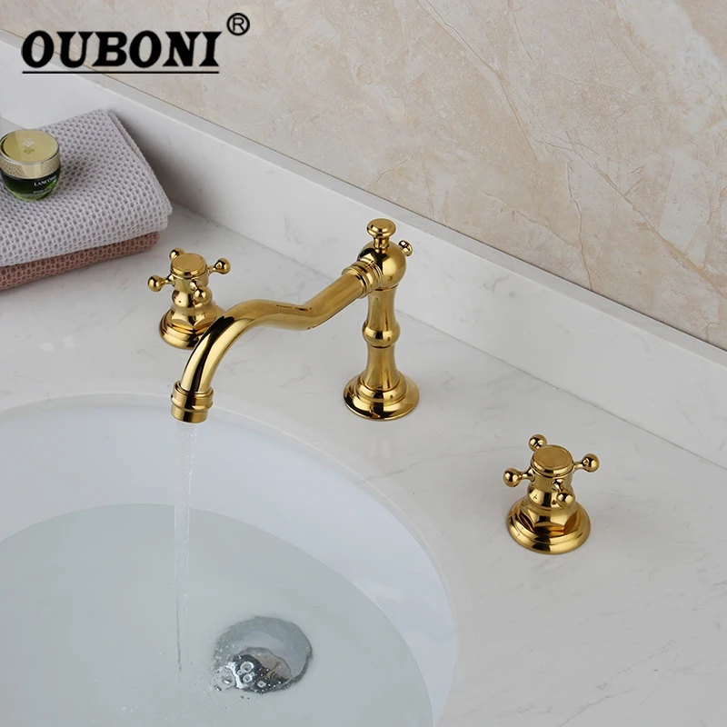 

OUBONI Golden Polished Bathtub Swivel Spout Solid Brass 3 Pcs Double Handles Bathroom Basin Sink Brass Faucet Mixer Tap